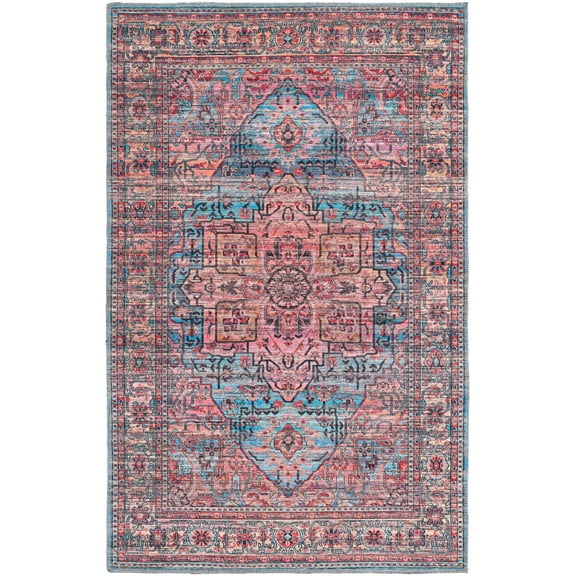 Rugs.com Maahru Collection Washable Rug – 4' x 6' Blue Low-Pile Rug Perfect For Entryways, Kitchens, Breakfast Nooks, Accent Pieces