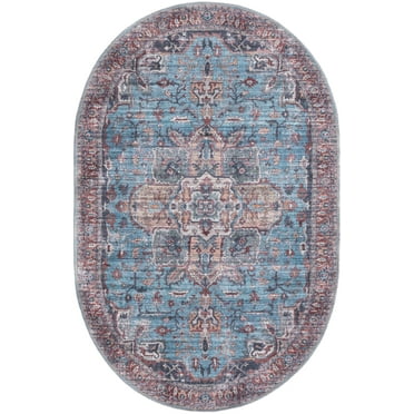Rugs.com Maahru Collection Washable Rug – 4' x 6' Oval Blue Low-Pile Rug Perfect For Living Rooms, Large Dining Rooms, Open Floorplans