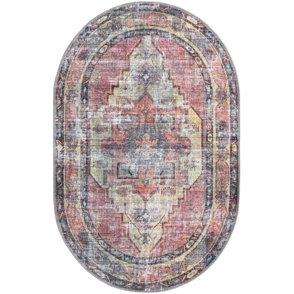 Rugs.com Maahru Collection Washable Rug – 4' x 6' Oval Pink Low-Pile Rug Perfect For Living Rooms, Large Dining Rooms, Open Floorplans