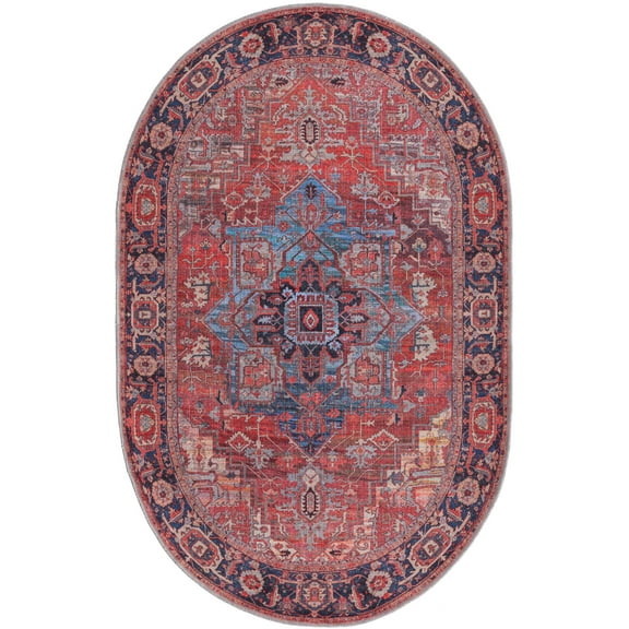 Rugs.com Maahru Collection Washable Rug – 4' x 6' Oval Rust Red Low-Pile Rug Perfect For Living Rooms, Large Dining Rooms, Open Floorplans