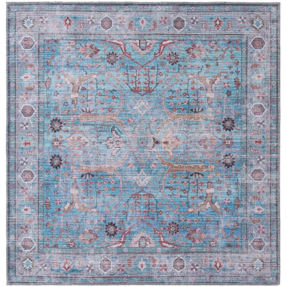 Rugs.com Maahru Collection Washable Rug – 5 Ft Square Blue Low-Pile Rug Perfect For Living Rooms, Kitchens, Entryways