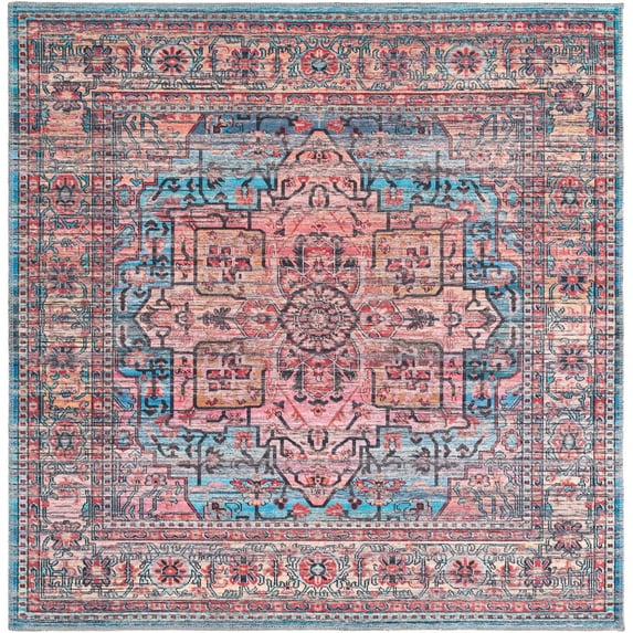 Rugs.com Maahru Collection Washable Rug – 5 Ft Square Blue Low-Pile Rug Perfect For Living Rooms, Kitchens, Entryways