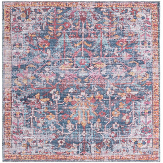 Rugs.com Maahru Collection Washable Rug – 5 Ft Square Navy Blue Low-Pile Rug Perfect For Living Rooms, Kitchens, Entryways