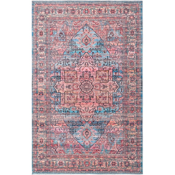 Rugs.com Maahru Collection Washable Rug – 5' x 8' Blue Low-Pile Rug Perfect For Bedrooms, Dining Rooms, Living Rooms