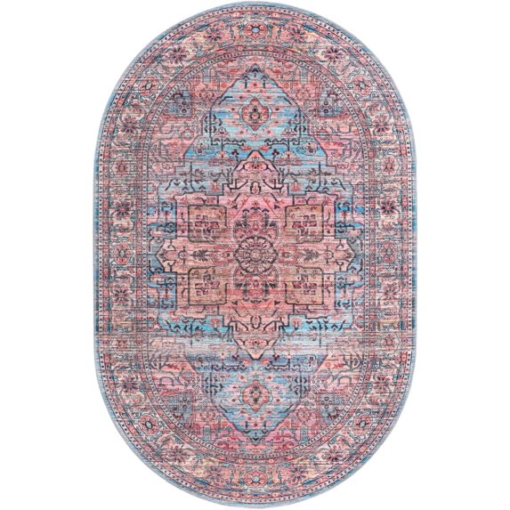 Rugs.com Maahru Collection Washable Rug – 5' x 8' Oval Blue Low-Pile Rug Perfect For Living Rooms, Large Dining Rooms, Open Floorplans