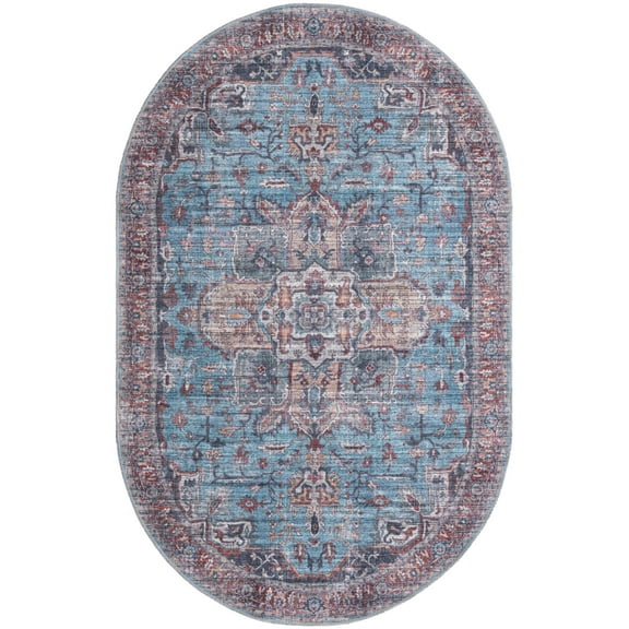 Rugs.com Maahru Collection Washable Rug – 5' x 8' Oval Blue Low-Pile Rug Perfect For Living Rooms, Large Dining Rooms, Open Floorplans