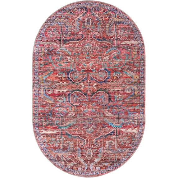 Rugs.com Maahru Collection Washable Rug – 5' x 8' Oval Rust Red Low-Pile Rug Perfect For Living Rooms, Large Dining Rooms, Open Floorplans