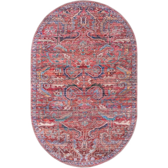 Rugs.com Maahru Collection Washable Rug – 5' x 8' Oval Rust Red Low-Pile Rug Perfect For Living Rooms, Large Dining Rooms, Open Floorplans