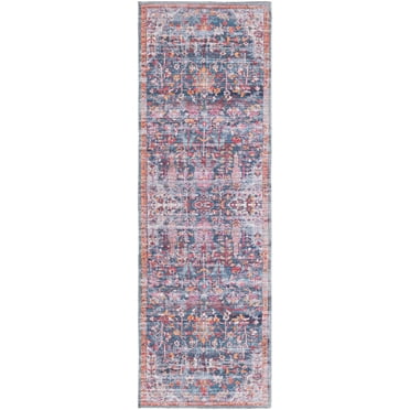 Rugs.com Maahru Collection Washable Rug – 6 Ft Runner Navy Blue Low-Pile Rug Perfect For Hallways, Entryways