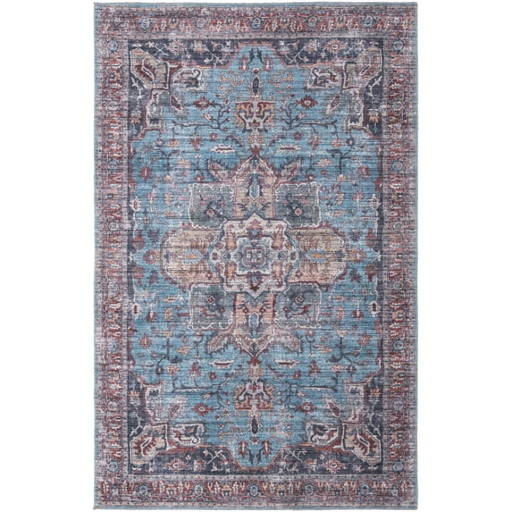 Rugs.com Maahru Collection Washable Rug – 6' x 9' Blue Low-Pile Rug Perfect For Bedrooms, Dining Rooms, Living Rooms