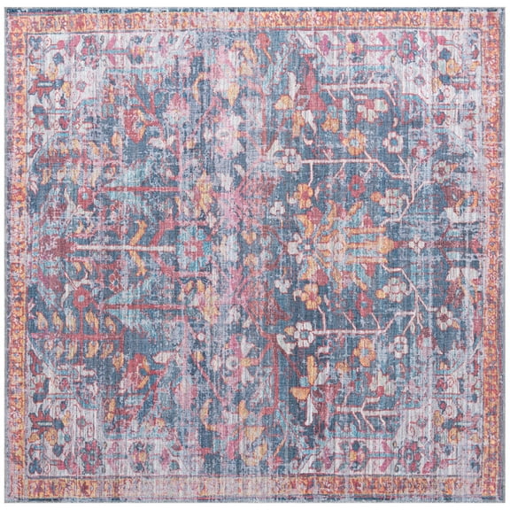 Rugs.com Maahru Collection Washable Rug – 7 Ft Square Navy Blue Low-Pile Rug Perfect For Living Rooms, Kitchens, Entryways