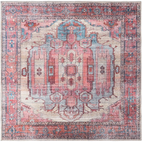Rugs.com Maahru Collection Washable Rug – 8 Ft Square Beige Low-Pile Rug Perfect For Living Rooms, Kitchens, Entryways