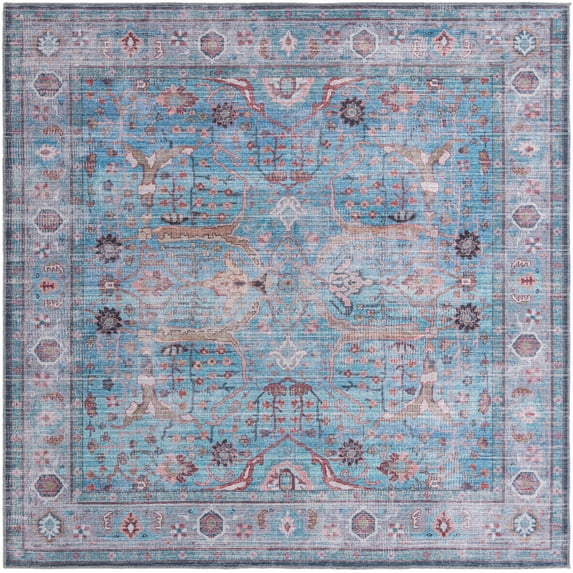 Rugs.com Maahru Collection Washable Rug – 8 Ft Square Blue Low-Pile Rug Perfect For Living Rooms, Kitchens, Entryways