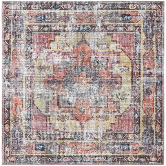Rugs.com Maahru Collection Washable Rug – 8 Ft Square Pink Low-Pile Rug Perfect For Living Rooms, Kitchens, Entryways