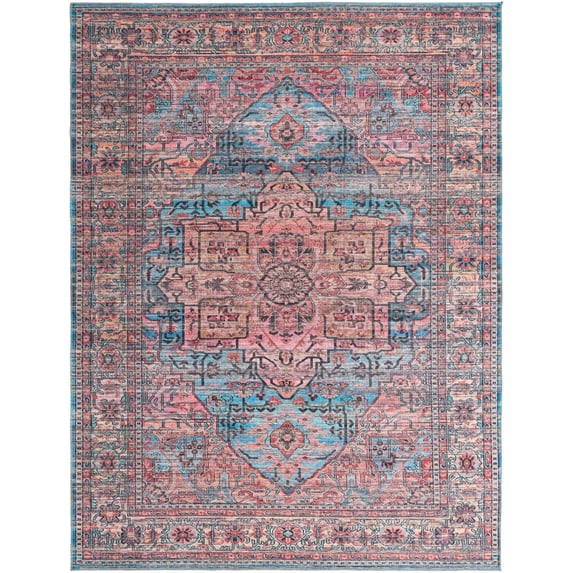 Rugs.com Maahru Collection Washable Rug – 9' x 12' Blue Low-Pile Rug Perfect For Living Rooms, Large Dining Rooms, Open Floorplans