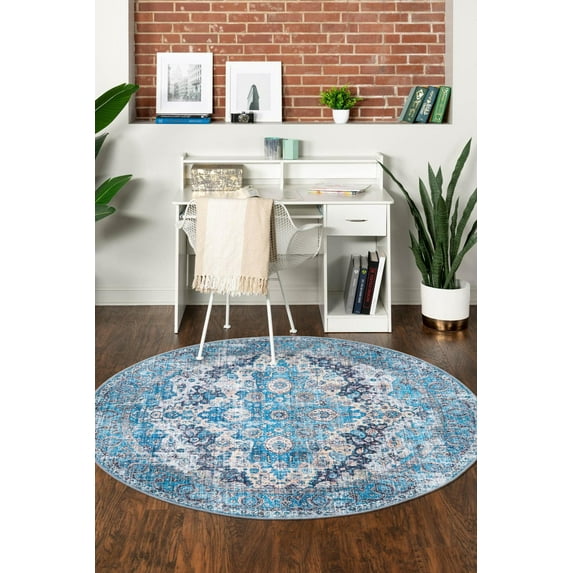 Rugs.com Mangata Collection Rug – 4' Round Blue Low Rug Perfect For Kitchens, Dining Rooms