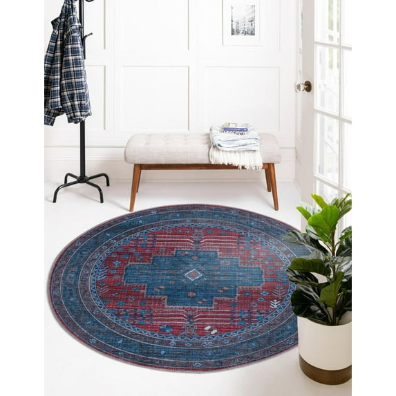 Rugs.com Mangata Collection Rug – 5' 3 Round Red And Blue Low Rug Perfect For Kitchens, Dining Rooms