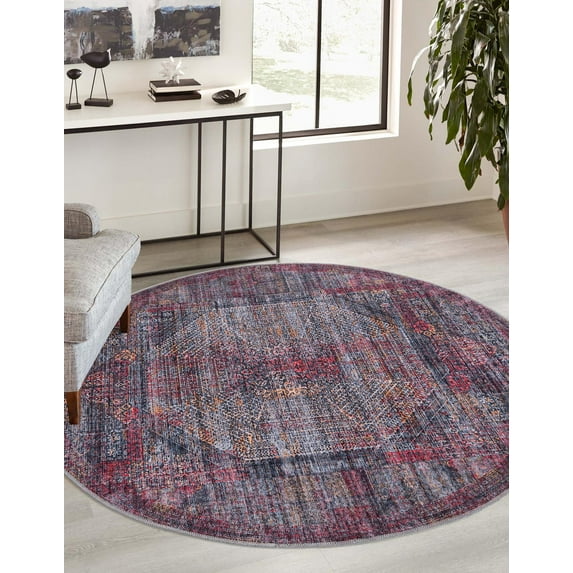 Rugs.com Mangata Collection Rug – 7' 3 Round Red And Black Low Rug Perfect For Kitchens, Dining Rooms