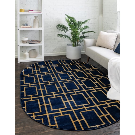 Rugs.com Marilyn Monroe™ Glam Trellis Collection Rug – 4' x 6' Oval Navy Blue Gold Medium Rug Perfect For Living Rooms, Large Dining Rooms, Open Floorplans