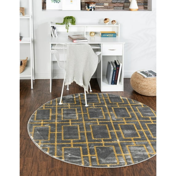 Rugs.com Marilyn Monroe™ Glam Trellis Collection Rug – 5 Ft Round Gray Gold Medium Rug Perfect For Kitchens, Dining Rooms