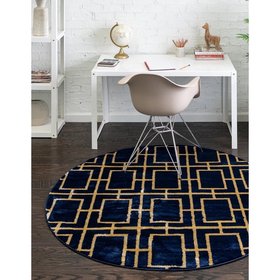 Rugs.com Marilyn Monroe™ Glam Trellis Collection Rug – 5 Ft Round Navy Blue Gold Medium Rug Perfect For Kitchens, Dining Rooms