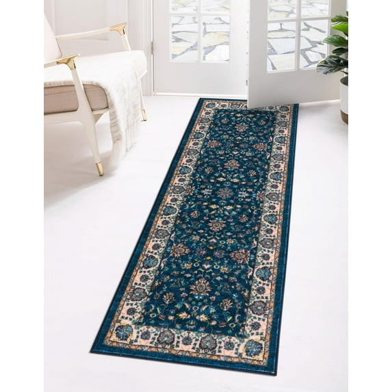 Rugs.com Medina Collection Rug – 13 Ft Runner Egyptian Blue Medium Rug Perfect For Hallways, Entryways