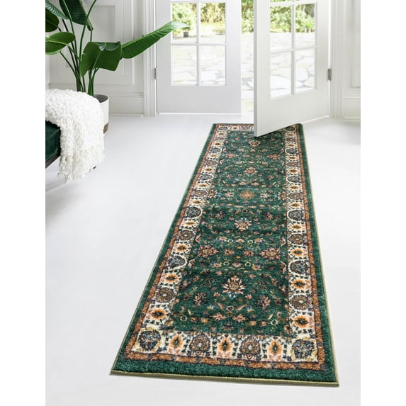 Rugs.com Medina Collection Rug – 13 Ft Runner Emerald Green Medium Rug Perfect For Hallways, Entryways