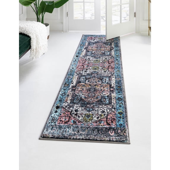 Rugs.com Medina Collection Rug – 5 Ft Runner Powder Blue Medium Rug Perfect For Hallways, Entryways