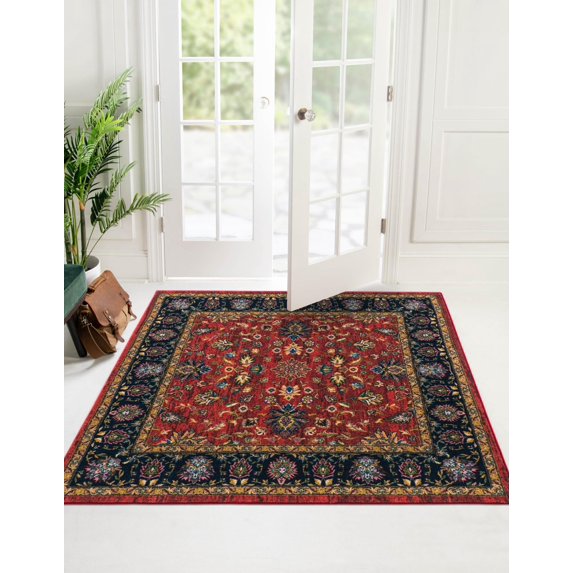 Rugs.com Medina Collection Rug – 8 Ft Square Classic Red Medium Rug Perfect For Living Rooms, Kitchens, Entryways