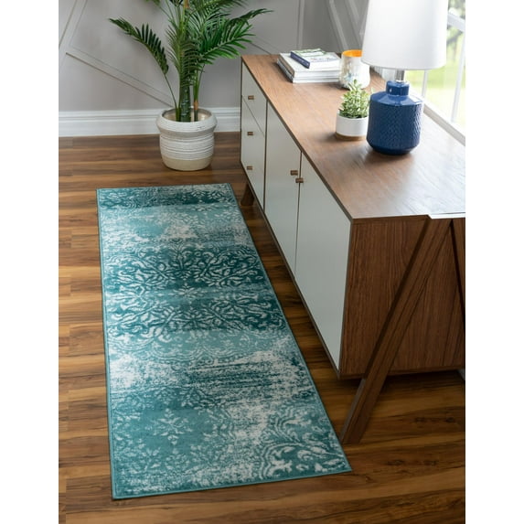 Rugs.com Monte Carlo Collection Rug – 3' 3 x 16' 5 Runner Turquoise Medium Rug Perfect For Living Rooms, Large Dining Rooms, Open Floorplans