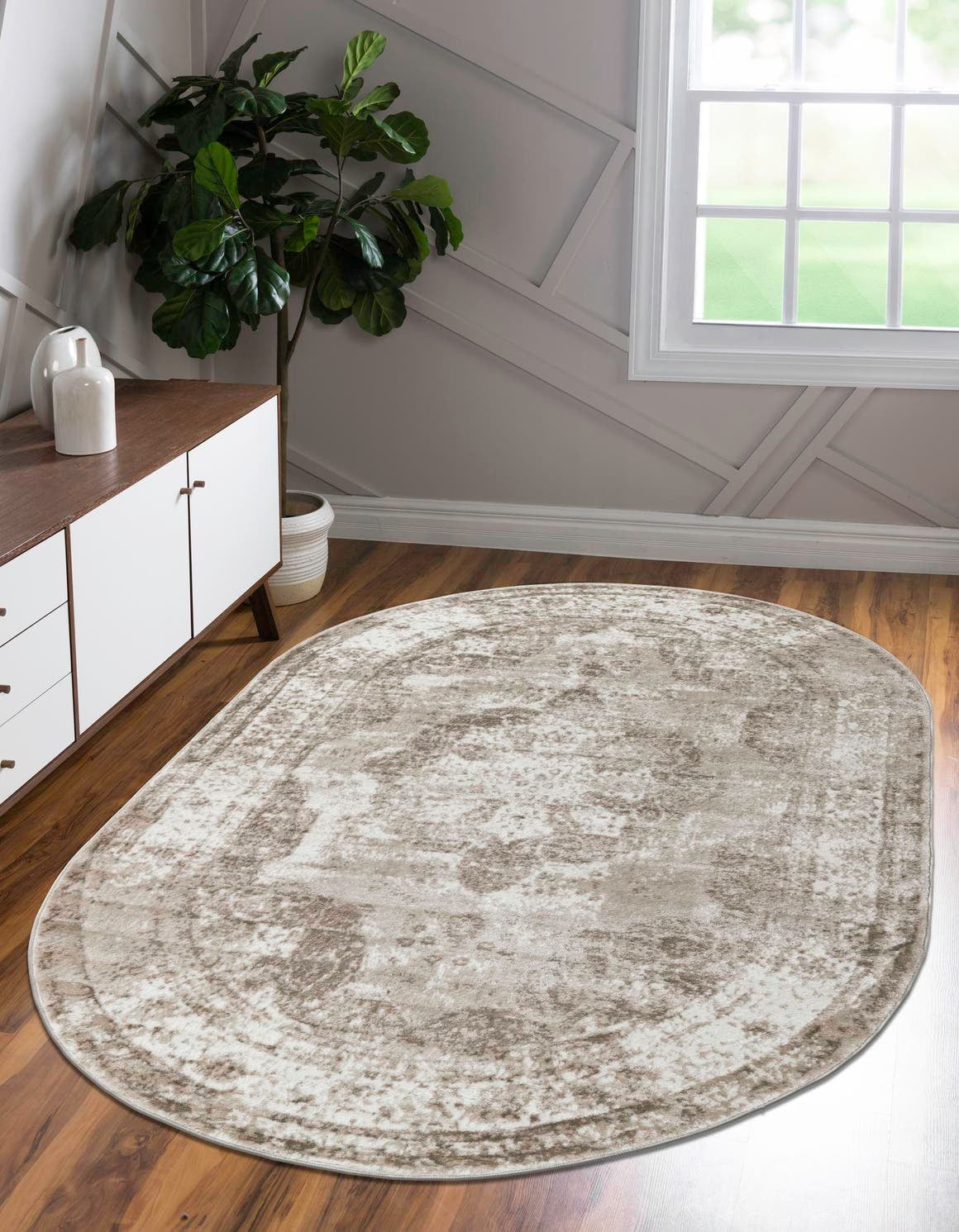 Beige Oval Medallion Synthetic Stain-Resistant Area Rug
