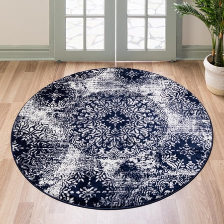Rugs.com Monte Carlo Collection Rug – 5' Round Navy Blue Medium Rug Perfect For Kitchens, Dining Rooms