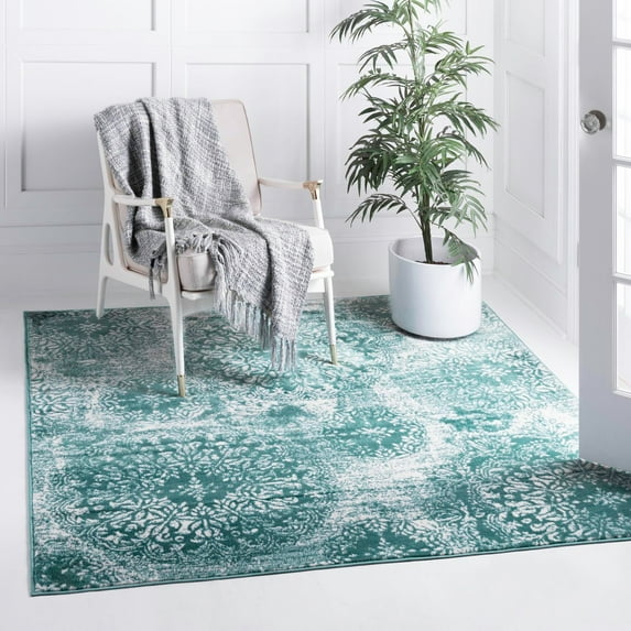 Rugs.com Monte Carlo Collection Rug – 6' Square Turquoise Medium Rug Perfect For Living Rooms, Kitchens, Entryways
