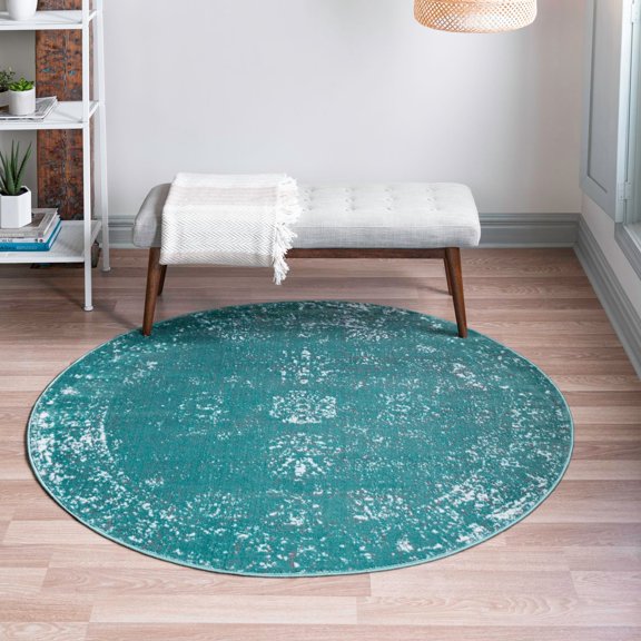 Rugs.com Monte Carlo Collection Rug 7' Round Turquoise Medium Rug Perfect For Kitchens, Dining Rooms