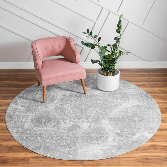 Rugs.com Monte Carlo Collection Rug – 8' Round Light Gray Medium Rug Perfect For Kitchens, Dining Rooms
