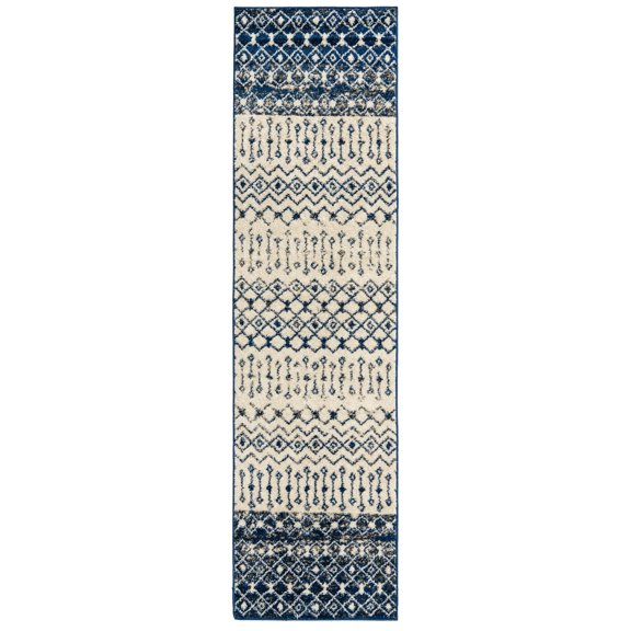 Rugs.com Moroccan Trellis Collection Rug – 10 Ft Runner Ivory Navy Blue Medium Rug Perfect For Hallways, Entryways