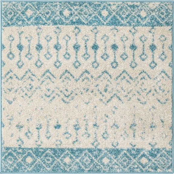 Rugs.com Moroccan Trellis Collection Rug – 3 Ft Square Ivory Blue Medium Rug Perfect For Living Rooms, Kitchens, Entryways