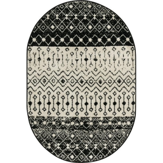 Rugs.com Moroccan Trellis Collection Rug – 4' x 6' Oval Black And White Medium Rug Perfect For Living Rooms, Large Dining Rooms, Open Floorplans