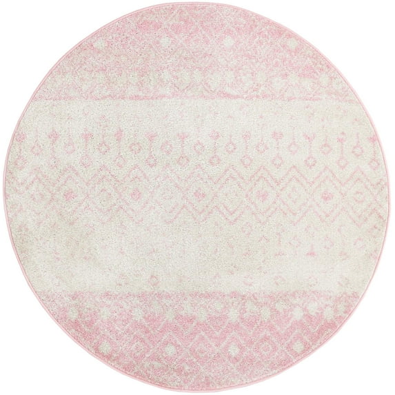 Rugs.com Moroccan Trellis Collection Rug – 5 Ft Round Ivory And Pink Medium Rug Perfect For Kitchens, Dining Rooms