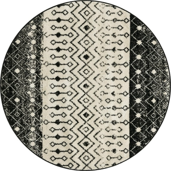 Rugs.com Moroccan Trellis Collection Rug – 6 Ft Round Black And White Medium Rug Perfect For Kitchens, Dining Rooms