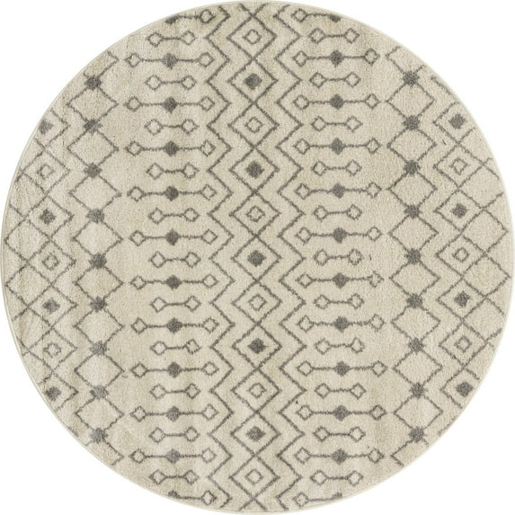 Rugs.com Moroccan Trellis Collection Rug – 6 Ft Round Ivory And Gray Medium Rug Perfect For Kitchens, Dining Rooms