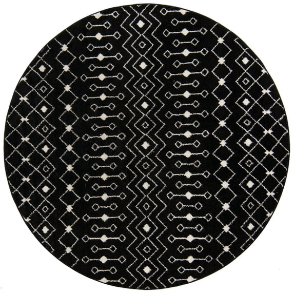 Rugs.com Moroccan Trellis Collection Rug – 8 Ft Round Black And White Medium Rug Perfect For Kitchens, Dining Rooms