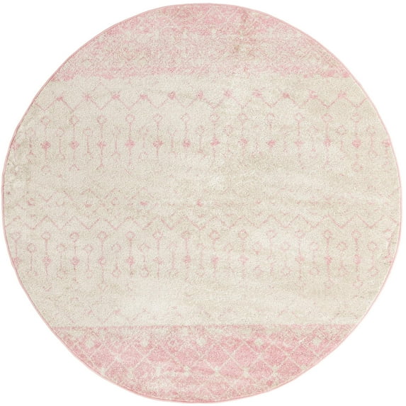 Rugs.com Moroccan Trellis Collection Rug – 8 Ft Round Ivory And Pink Medium Rug Perfect For Kitchens, Dining Rooms