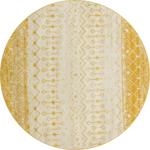 Rugs.com Moroccan Trellis Collection Rug – 8 Ft Round Ivory And Yellow Medium Rug Perfect For Kitchens, Dining Rooms