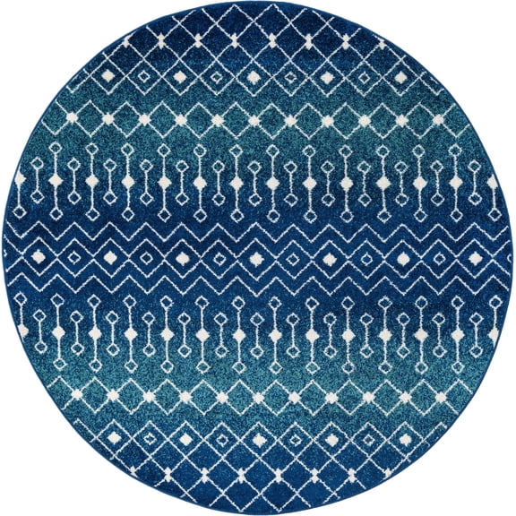 Rugs.com Moroccan Trellis Collection Rug – 8 Ft Round Navy And Teal Medium Rug Perfect For Kitchens, Dining Rooms