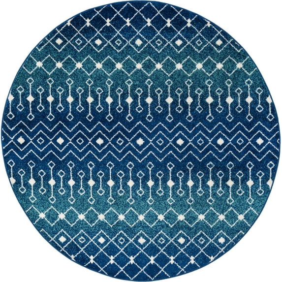Rugs.com Moroccan Trellis Collection Rug – 8 Ft Round Navy And Teal Medium Rug Perfect For Kitchens, Dining Rooms