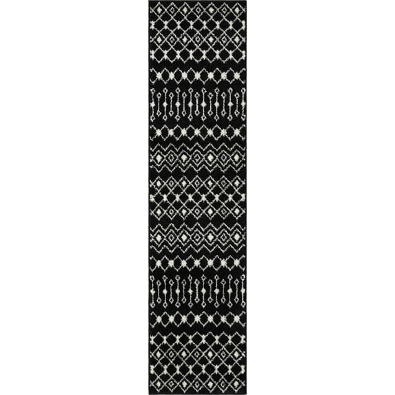 Rugs.com Moroccan Trellis Collection Rug – 8 Ft Runner Black And White Medium Rug Perfect For Hallways, Entryways