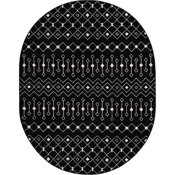 Rugs.com Moroccan Trellis Collection Rug – 8' x 10' Oval Black And White Medium Rug Perfect For Living Rooms, Large Dining Rooms, Open Floorplans