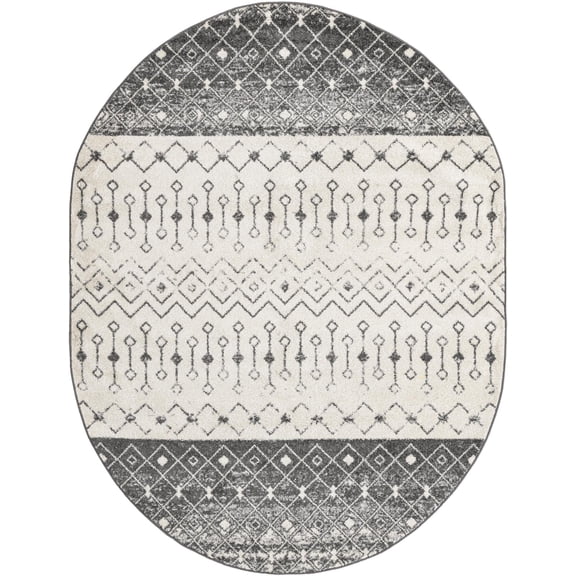 Rugs.com Moroccan Trellis Collection Rug – 8' x 10' Oval Ivory And Gray Medium Rug Perfect For Living Rooms, Large Dining Rooms, Open Floorplans
