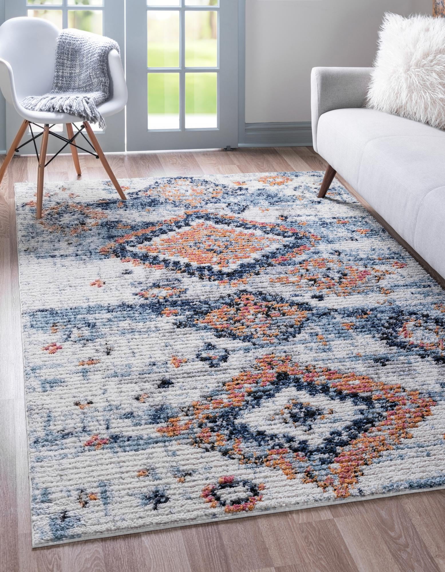 Ivory and Blue Geometric High-Pile Synthetic Rug, 2' x 3'